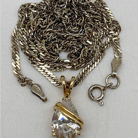 A 10K Vermeil Banded Teardrop Cut CZ Pendant On a Gold Washed Silver Necklace - Picture 7 of 8